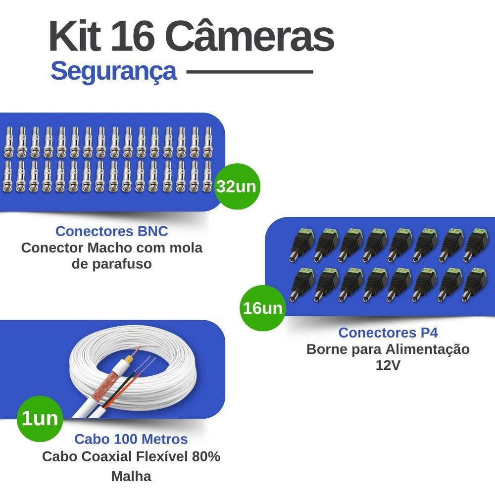 Kit 16 Câmeras Tudo Forte TF 2020 B Full HD 1080p Bullet Visão Noturna 20M Proteção IP66 Dvr Intelbras MHDX 3116-C 16 Canais HD 2TB SkyHawk