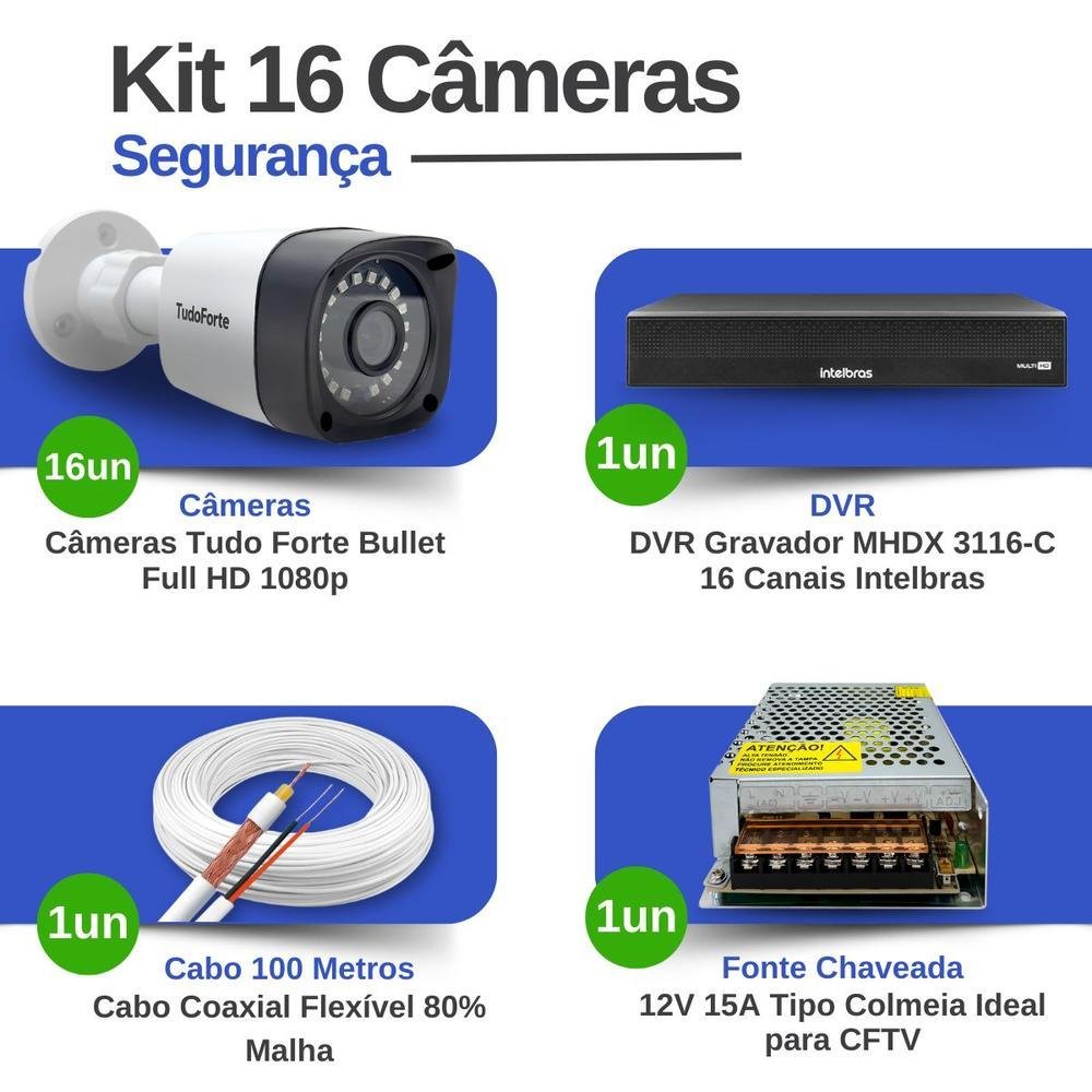 Imagem 2 de 5 do produto Kit 16 Câmeras Tudo Forte TF 2020 B Full HD 1080p Bullet Visão Noturna 20M Proteção IP66 + Dvr Intelbras MHDX 3116-C 16 Canais