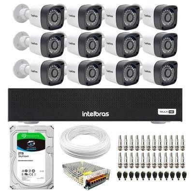 Kit 12 Câmeras Tudo Forte TF 2020 B Full HD 1080p Bullet Visão Noturna 20M Proteção IP66 Dvr Intelbras MHDX 3116-C 16 Canais HD 2TB SkyHawk