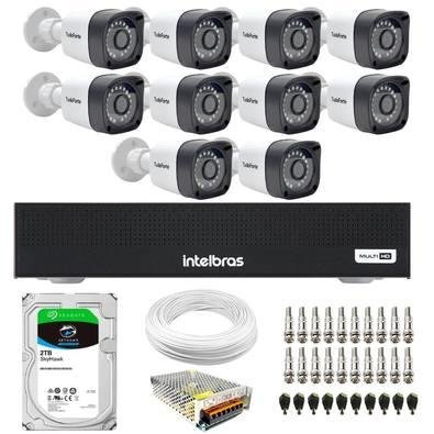 Kit 10 Câmeras Tudo Forte TF 2020 B Full HD 1080p Bullet Visão Noturna 20M Proteção IP66 Dvr Intelbras MHDX 3116-C 16 Canais HD 2TB SkyHawk