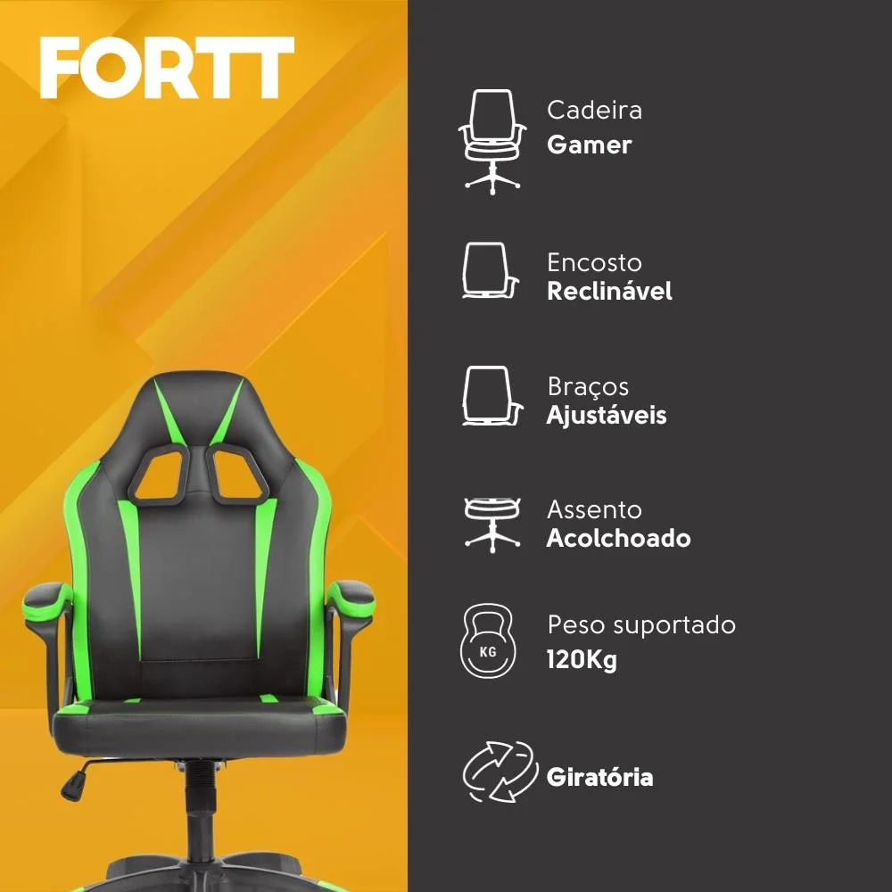 Cadeira Gamer Fortt Harbin, Verde - Cgf022-Vr Cadeira Gamer Fortt Harbin, Verde - Cgf022-Vr
