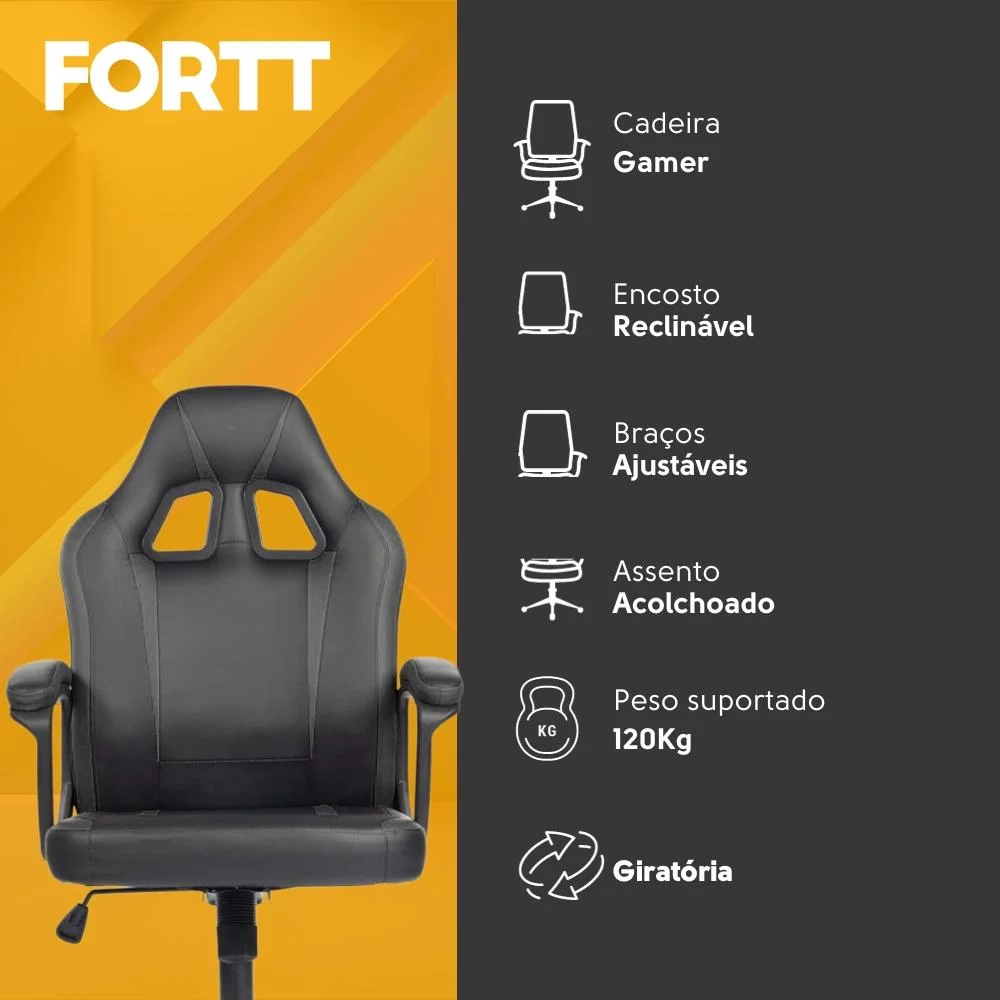 Imagem 3 de 5 do produto Cadeira Gamer Fortt Harbin, Até 120 KG, Couro Pu, Classe 2, Preta - Cgf022-p
