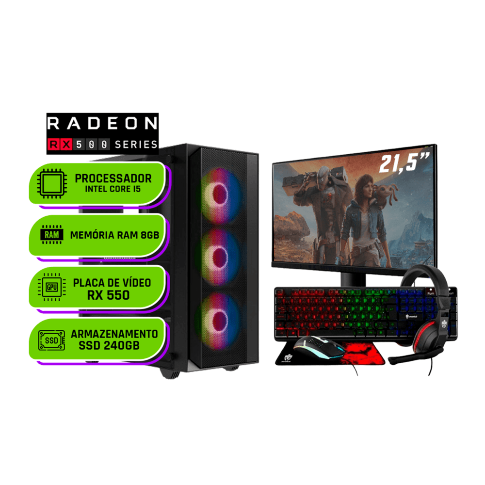 PC Gamer Completo Balão.info Intel I5 3470,  Radeon Rx 550 4gb, Memoria 8GB Ddr3, SSD 240GB, Monitor 20 "