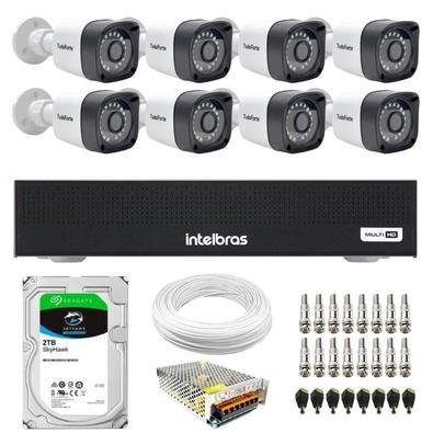 Kit 8 Câmeras Tudo Forte Tf 2020 B Full Hd 1080p Bullet Com Visão Noturna 20m Proteção Ip66 Dvr Gravador Intelbras Mhdx 1108-c 8 Canais Hd 2TB Skyhawk