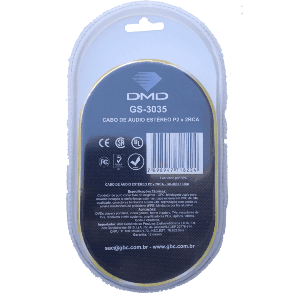 Imagem 3 de 3 do produto Cabo De Audio Estereo P2/rca - 3,0m Gs-3035/3,0m