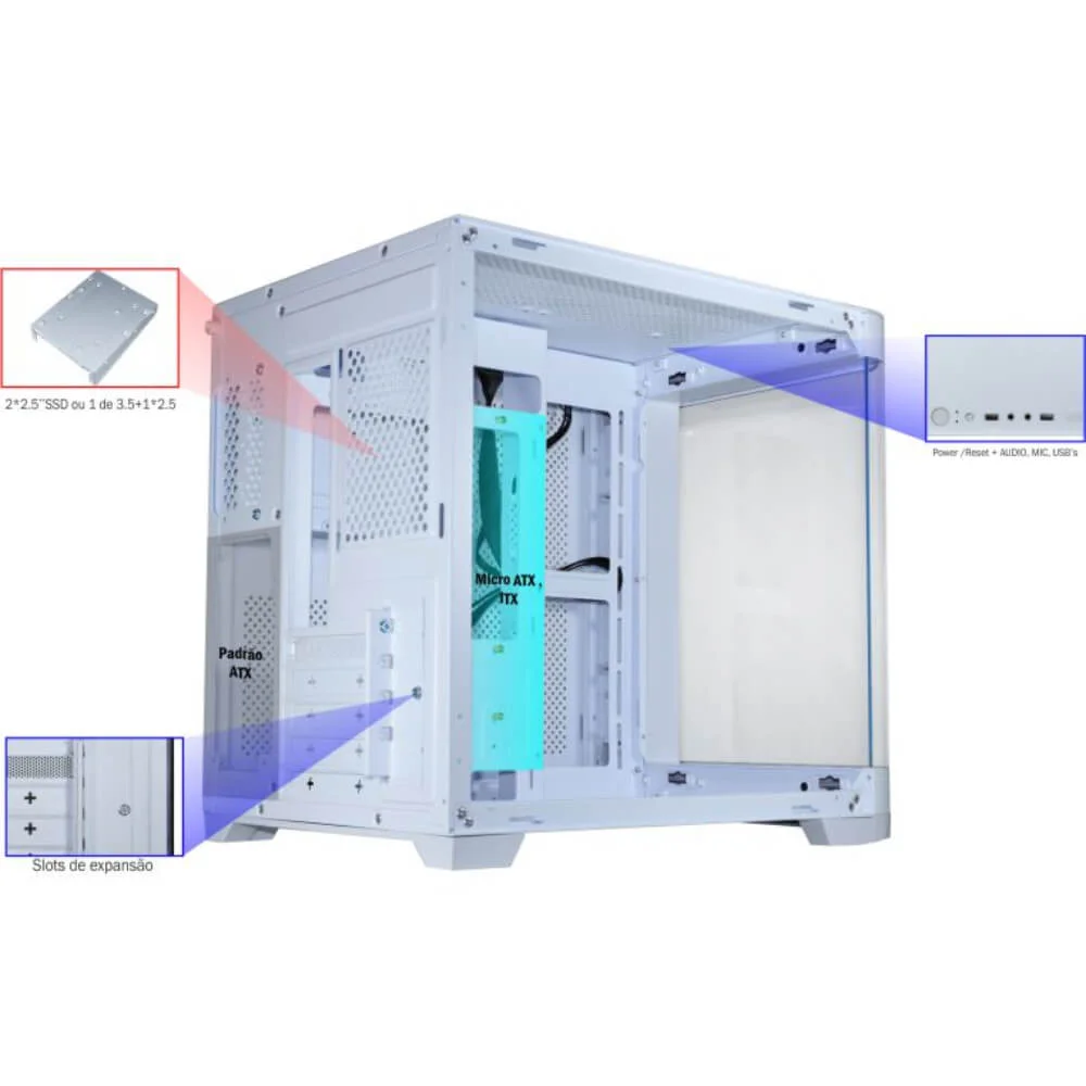 Imagem 3 de 5 do produto Gabinete Gamer K-mex Aqua Curva Cg-w1ag Branco Mid Tower Vidro Temperado M-atx White - Cgw1agrh002cb0x