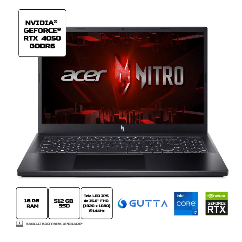 Notebook Gamer Acer Nitro V, Intel Core i7-13ªGen, 16GB, SSD 512GB, RTX4050, Tela 15.6" Full HD, Linux Gutta - Anv15-51-7037 Notebook Gamer Acer Nitro V, Intel Core i7-13ªGen, 16GB, SSD 512GB, RTX4050, Tela 15.6" Full HD, Linux Gutta - Anv15-51-7037