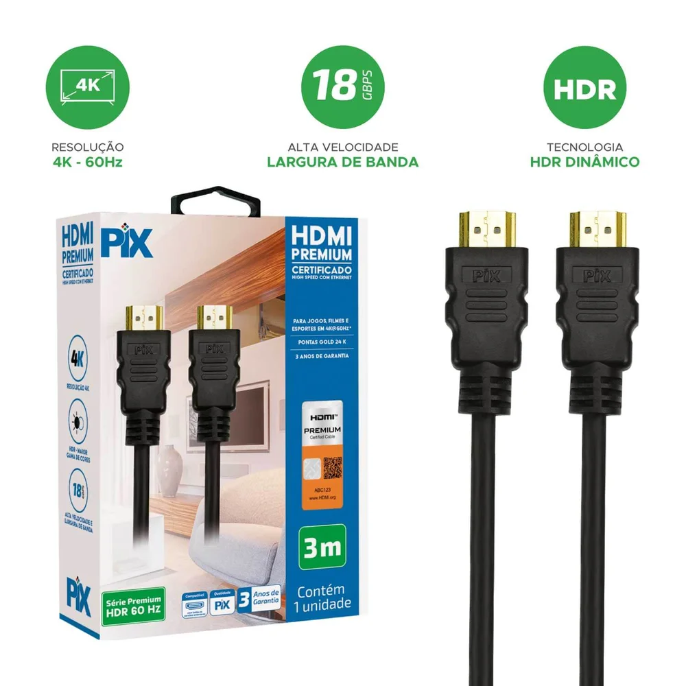 Imagem 2 de 5 do produto Cabo HDMI C/ Certificação Ultra High Speed Premium 3 Metros