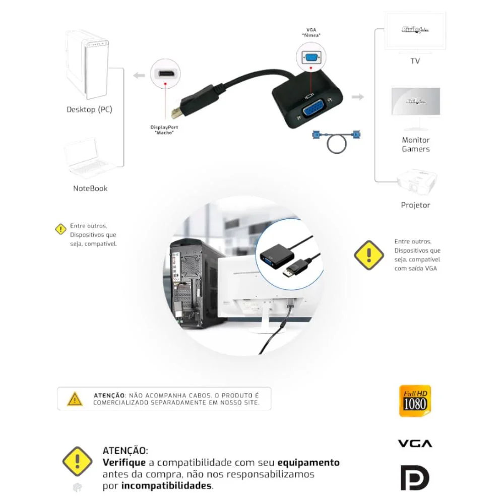 Imagem 3 de 3 do produto Cabo Adaptador Displayport Vga Cirilo Cabos