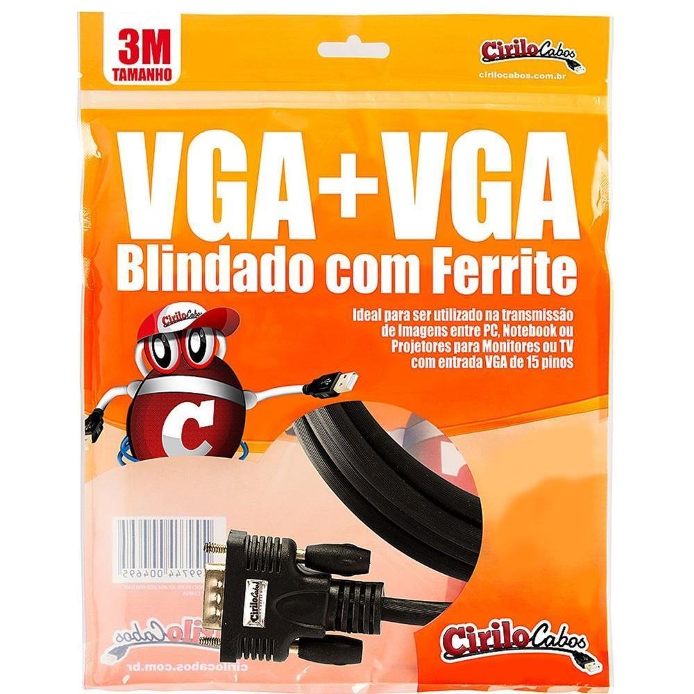 Imagem 2 de 3 do produto Cabo Vga 15 Pinos Blindado Com Ferrite 3 Metros 7285 Cirilo Cabos