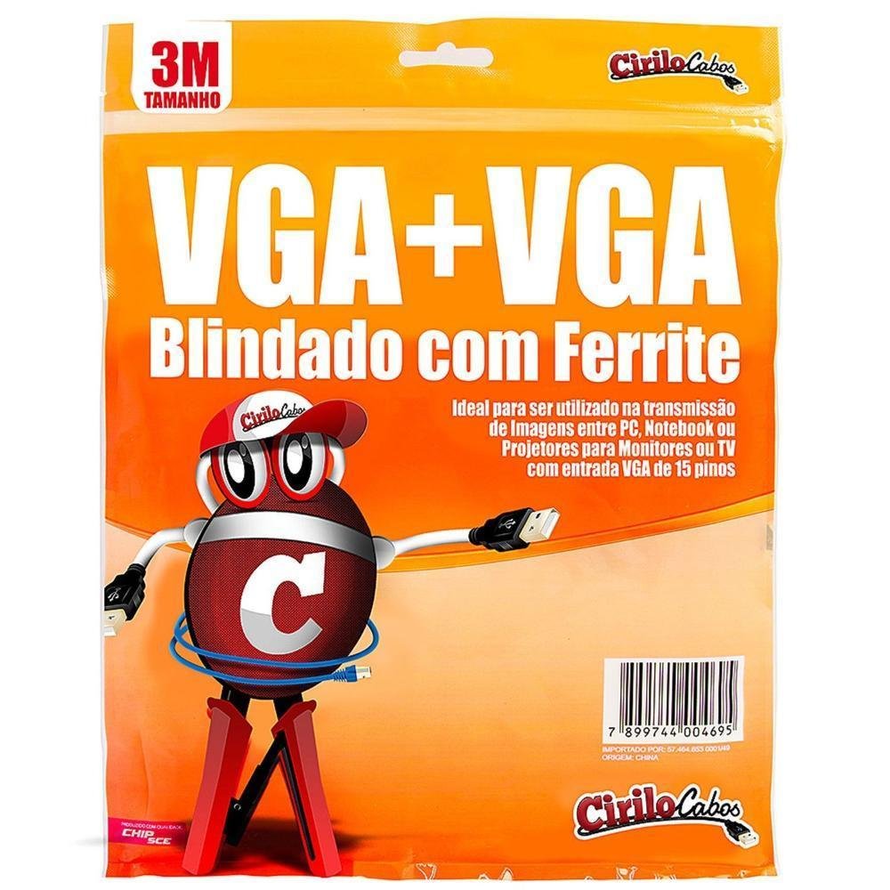 Imagem 3 de 3 do produto Cabo Vga 15 Pinos Blindado Com Ferrite 3 Metros 7285 Cirilo Cabos