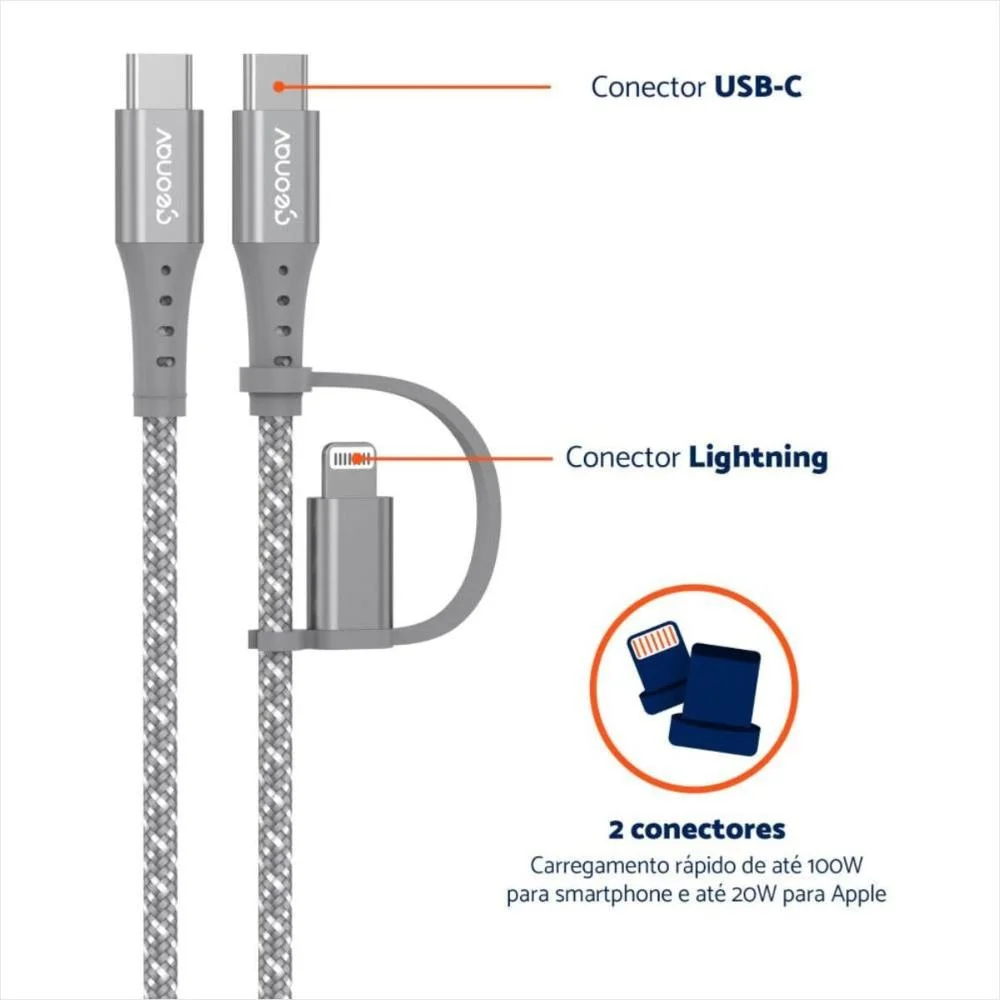 Imagem 2 de 5 do produto Cabo 2 Em 1 Usb-c + Lightning 1,5m Lc21gr Geonav