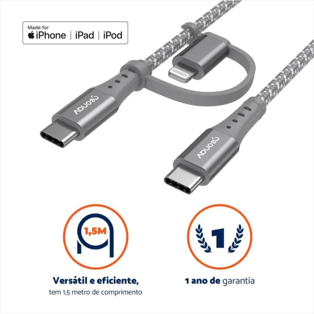 Imagem 4 de 5 do produto Cabo 2 Em 1 Usb-c + Lightning 1,5m Lc21gr Geonav