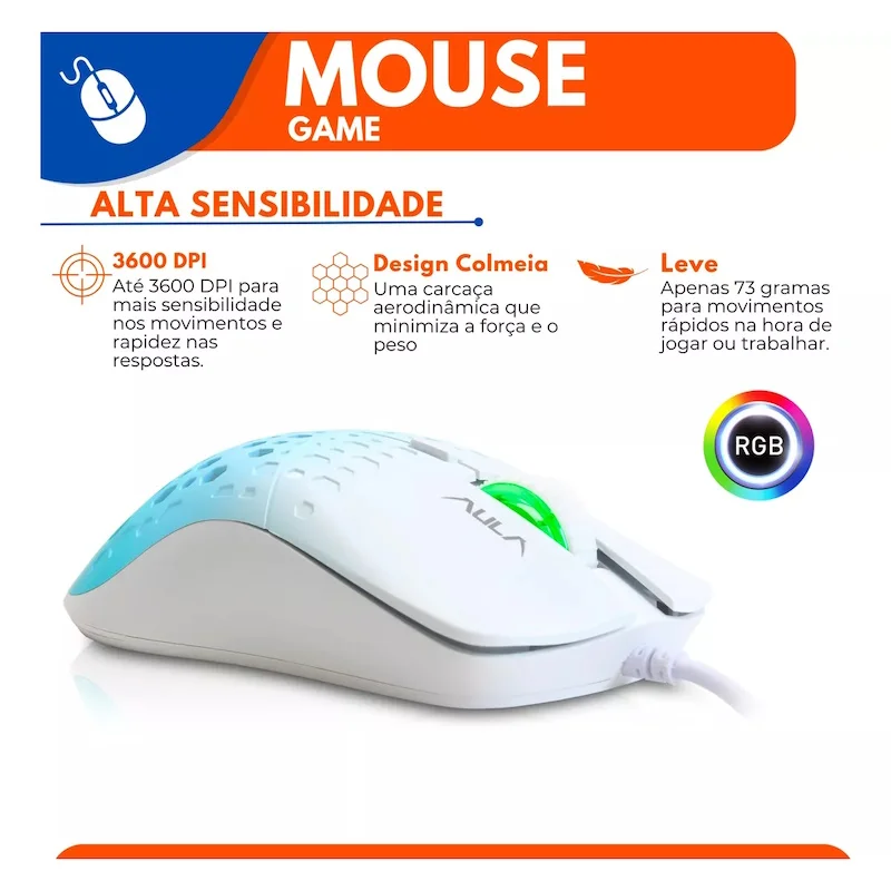 Imagem 2 de 5 do produto Mouse Gamer Ultraleve Colmeia Ergonômico LED Rainbow Usb