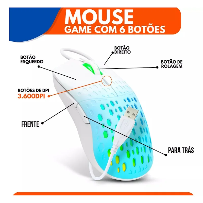 Imagem 3 de 5 do produto Mouse Gamer Ultraleve Colmeia Ergonômico LED Rainbow Usb