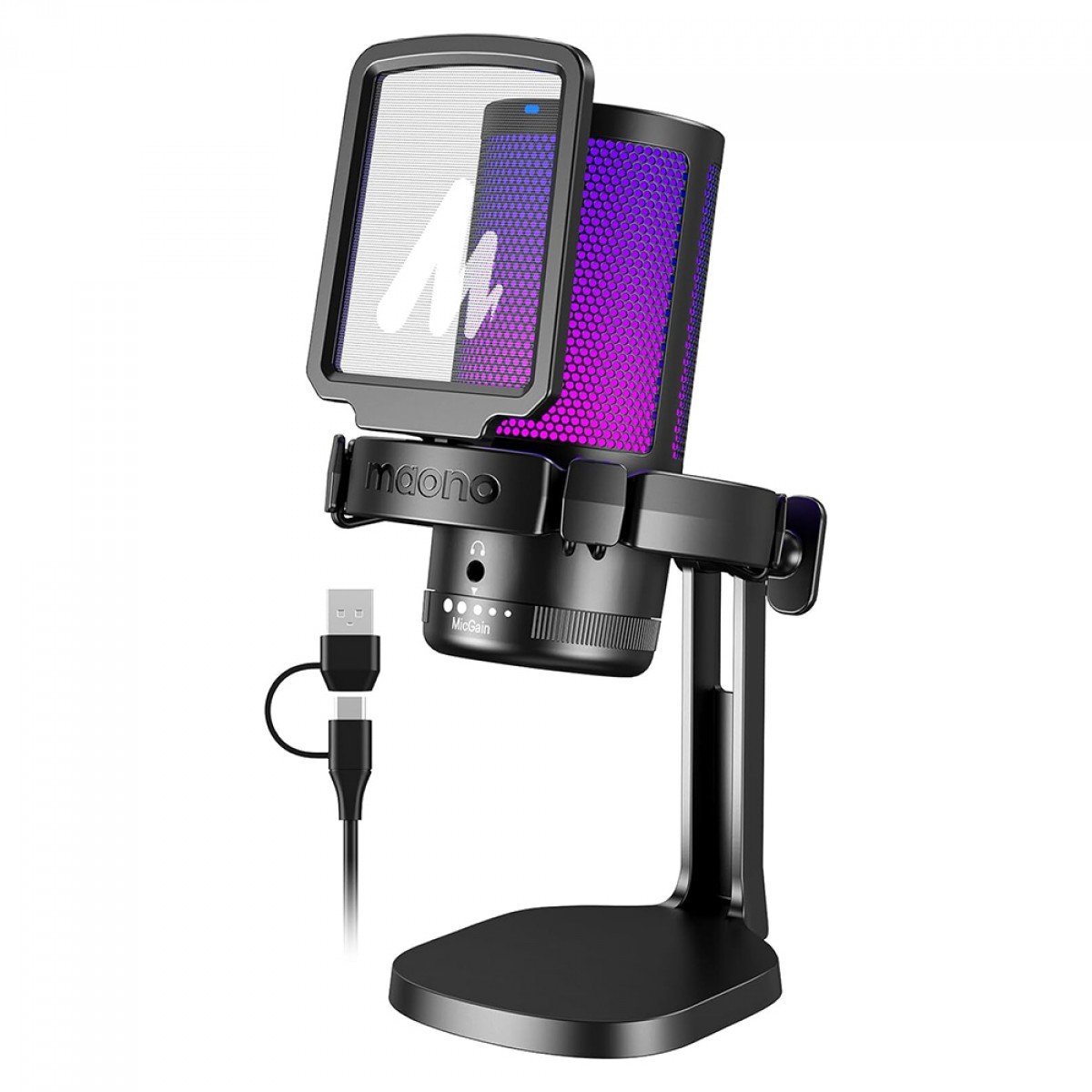 Microfone Gamer Condensador Maono Dgm20, RGB, Usb, Preto
