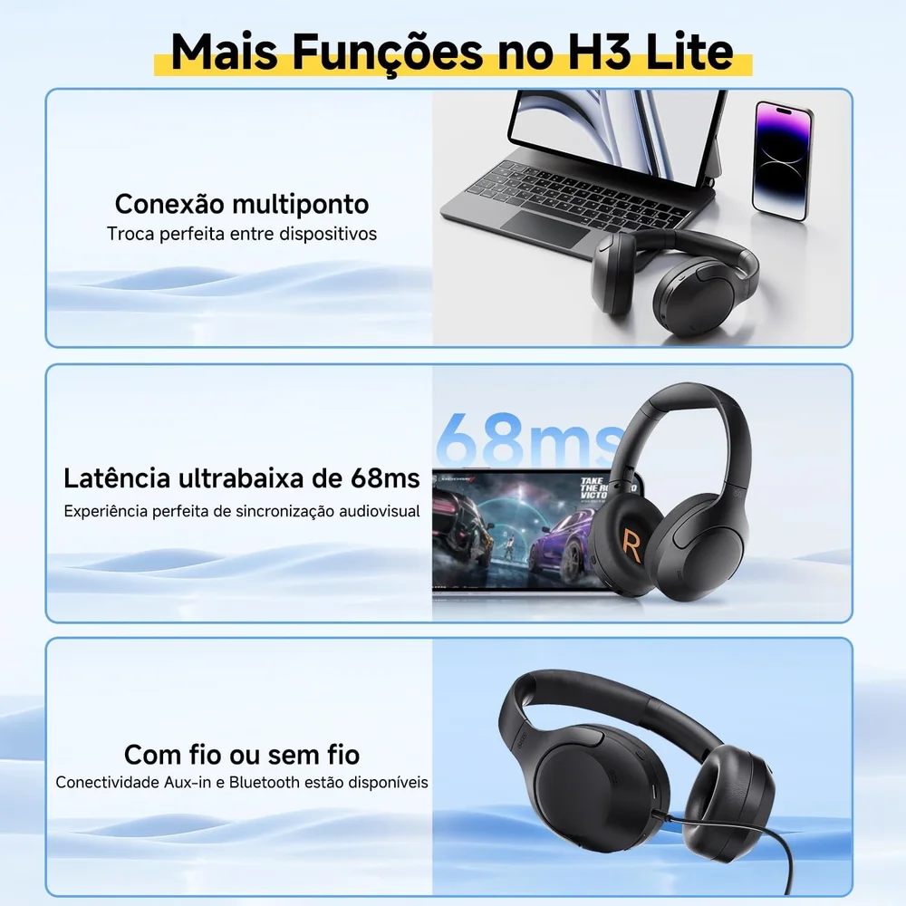 Headphone Sem Fio Qcy H3 Lite Anc Adaptativo Multiponto Bluetooth Tws 5.3 60h - Preto