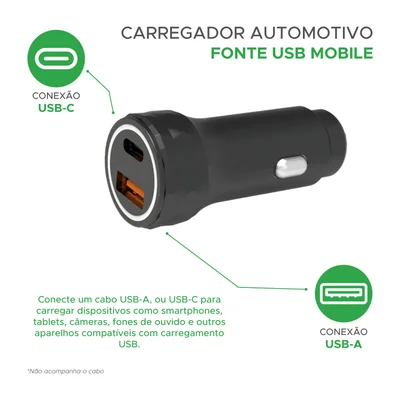Carregador Veicular 30w Duplo Turbo Usb Pd A + Tipo C Preto — foto 2