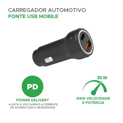 Carregador Veicular 30w Duplo Turbo Usb Pd A + Tipo C Preto — foto 3