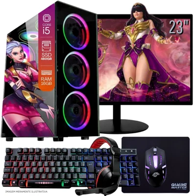 PC Gamer Completo Tob Intel Core I5, 16GB RAM,  SSD 480GB, WINDOWS 10 Pro Trial, Teclado Mouse Mouse Pad E Headset Gamer Monitor 23"