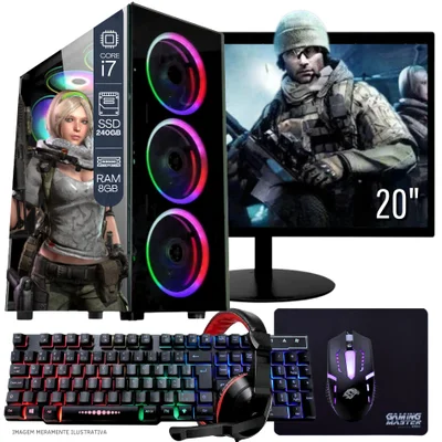 Computador Gamer Completo Tob Intel Core I7 SSD 240GB 8GB Teclado Mouse Mouse Pad E Headset Gamer Monitor 20" WINDOWS 10 Pro Trial