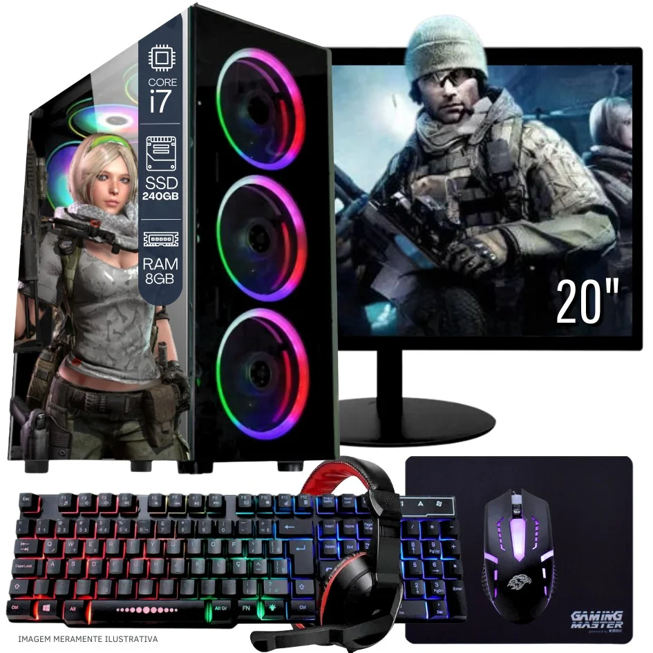 Computador Gamer Completo Balão.info Intel Core I7 SSD 240GB 8GB Teclado Mouse Mouse Pad E Headset Gamer Monitor 20" WINDOWS 10 Pro Trial