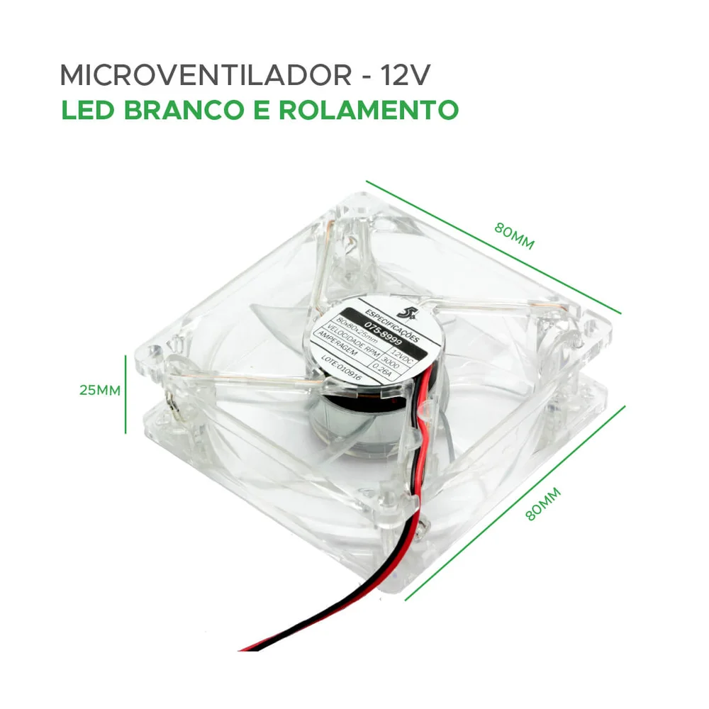 Imagem 2 de 4 do produto Microventilador Ventoinha 80x80x25mm 12 Volts Com LED
