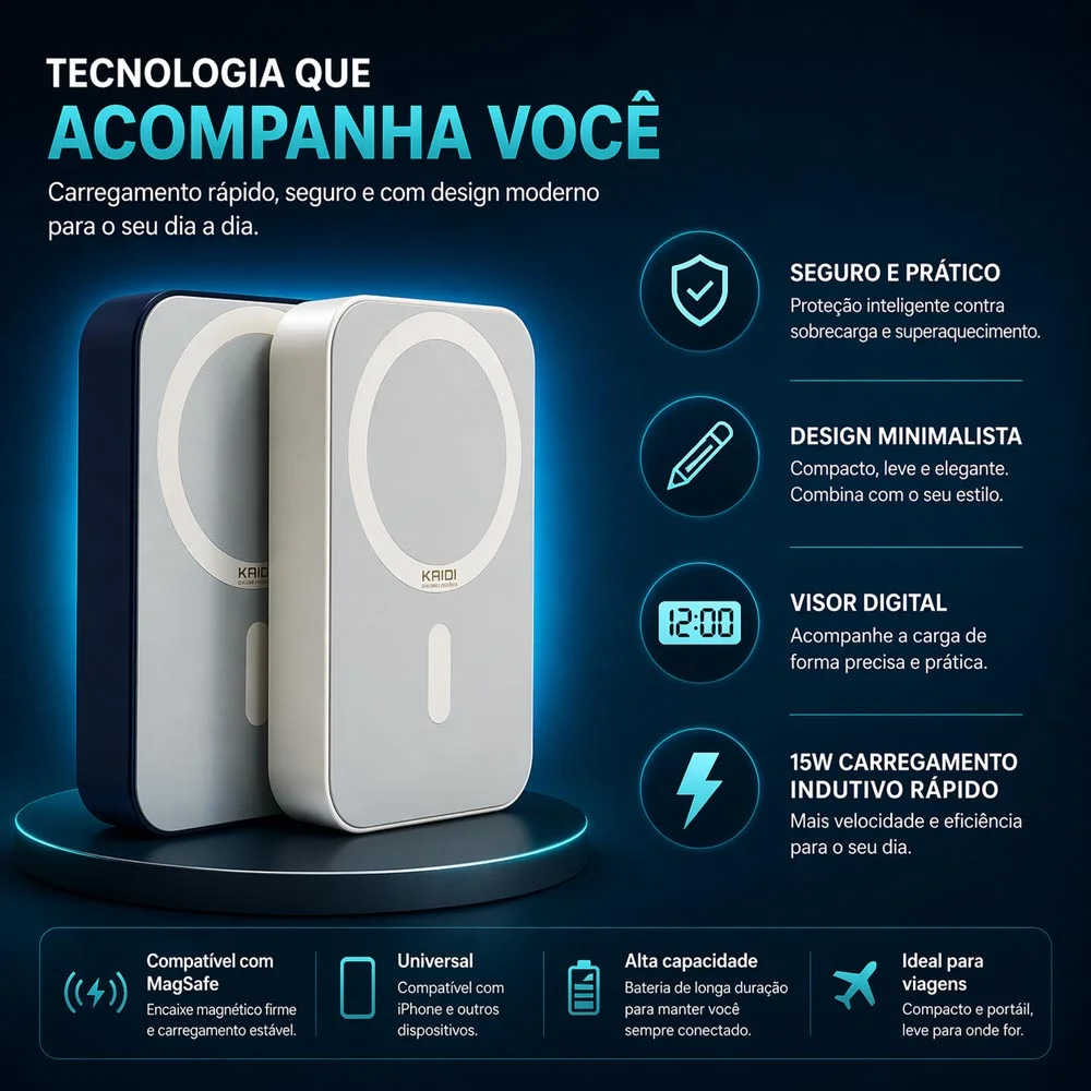 Imagem 3 de 4 do produto Power Bank Portátil Magnético Magsafe Turbo 10.000mah Kaidi Branca