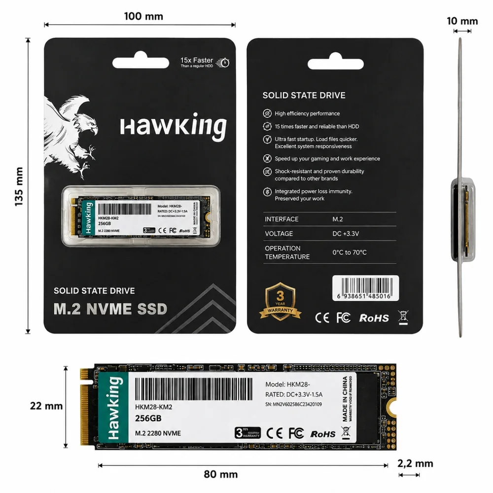 Imagem 2 de 4 do produto Nvme SSD PCie 3.0 256gb Hawking Leitura 2500mbs Escrita 1500mbs