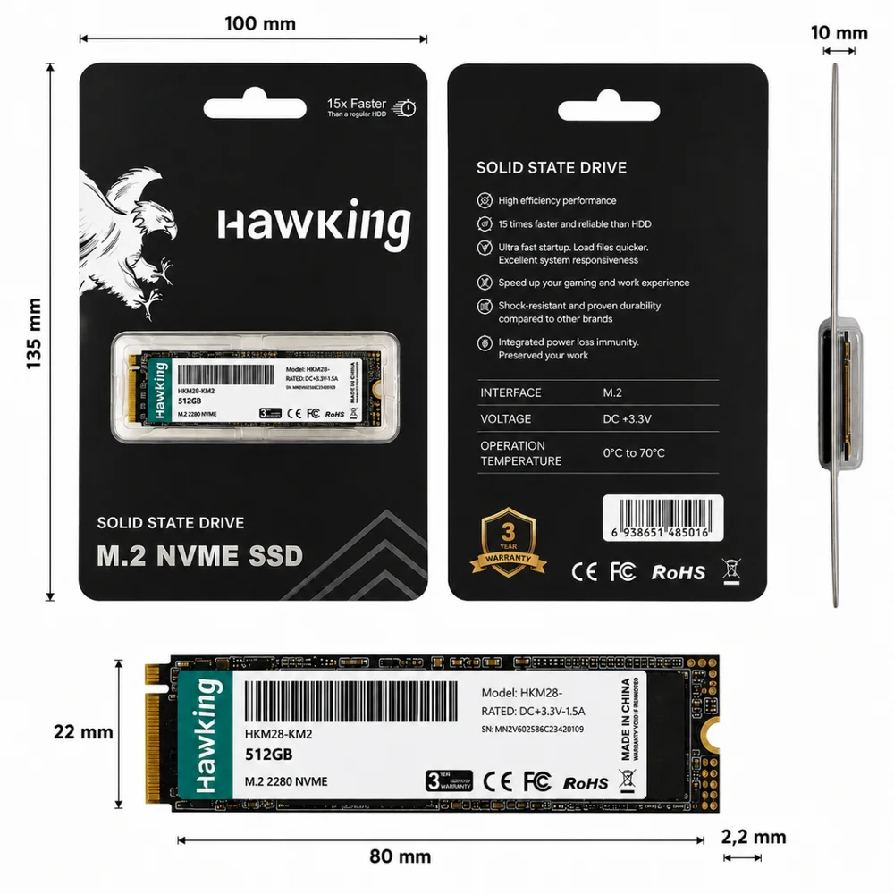 Imagem 2 de 3 do produto Nvme SSD PCie 3.0 512gb Hawking Leitura 2500mbs Escrita 1800mbs