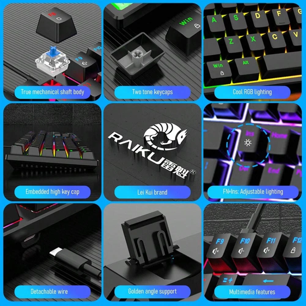 Imagem 5 de 5 do produto Raiku L3000 Authentic Mechanical Keyboard With Blue Switch, RGB Backlit, Detachable Cable, 104 Keys