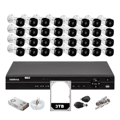 Kit Intelbras 32 Cameras Segurança 1120b Dvr 32 Canais Mhdx 1232 C/3TB