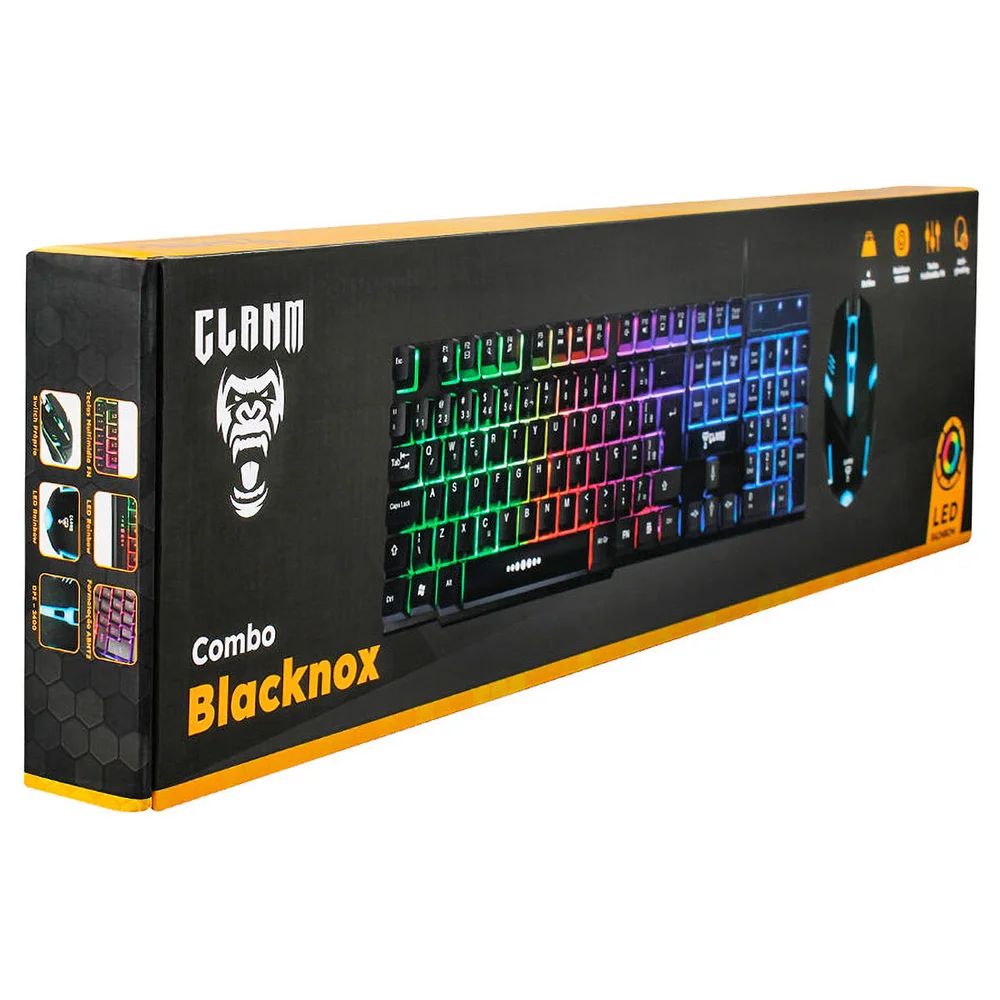 Imagem 3 de 5 do produto Kit Teclado Abnt2 LED Rainbow Anti-ghosting + Mouse 4 Botões 2400dpi Blacknox Gamer Clanm