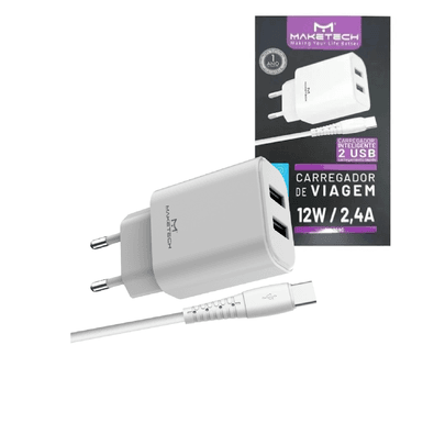 Carregador Tomada C/cabo Usb C Tipo C 2 Usbs 12w 2.4a Novo