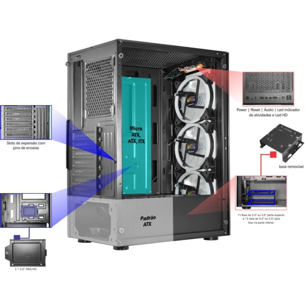 Imagem 5 de 5 do produto Gabinete Gamer Kmex Wind LED RGB - Cg10h3