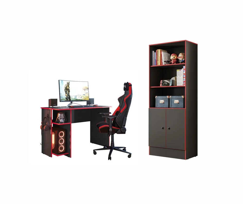 Imagem 1 de 5 do produto Conjunto Armário Organizador 2 Portas 2 Prateleiras E Mesa Escrivaninha P/ Computador Gamer 4095 / 3875