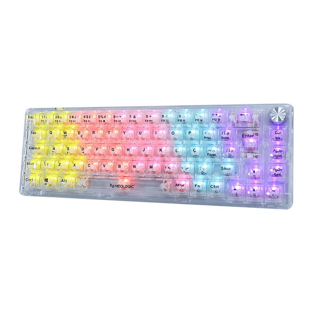 Teclado Gamer Mecanico Neologic Crystal Edge, 65%, Transparente, Rainbow, Switch Branco, Cabo Tipo C, Abnt2 - Nlcrstl-edge
