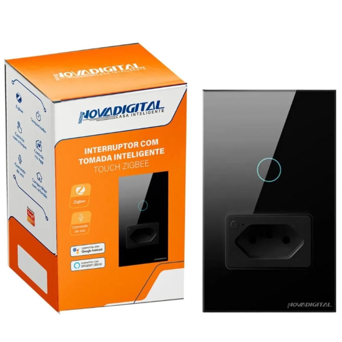 Interruptor Com Tomada Inteligente 1 Botão Touch Zigbee 4x2 Novadigital, Compatível com Alexa