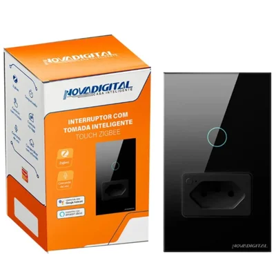 Interruptor Com Tomada Inteligente 1 Botão Touch Zigbee 4x2 Novadigital, Compatível com Alexa