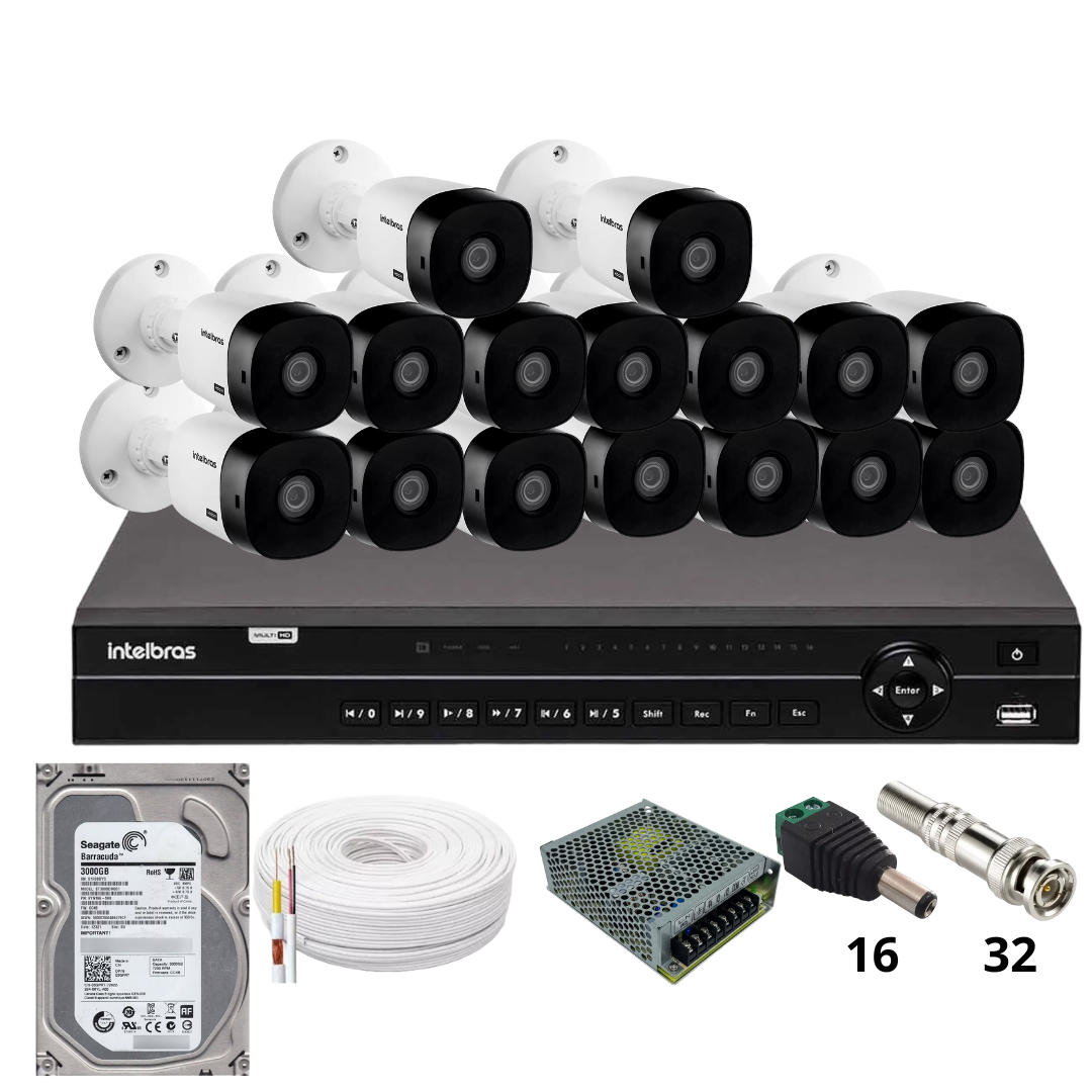 Kit 16 Câmeras Intelbras 1220b Full Hd Dvr Intelbras Mhdx 1232 Hd 3TB