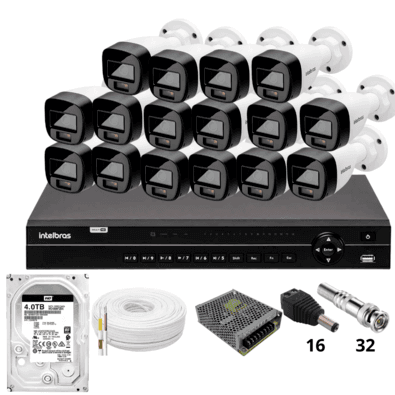 Kit 16 Câmeras Intelbras 1220b Full Color  Dvr Intelbras Mhdx 1232 Hd 4TB