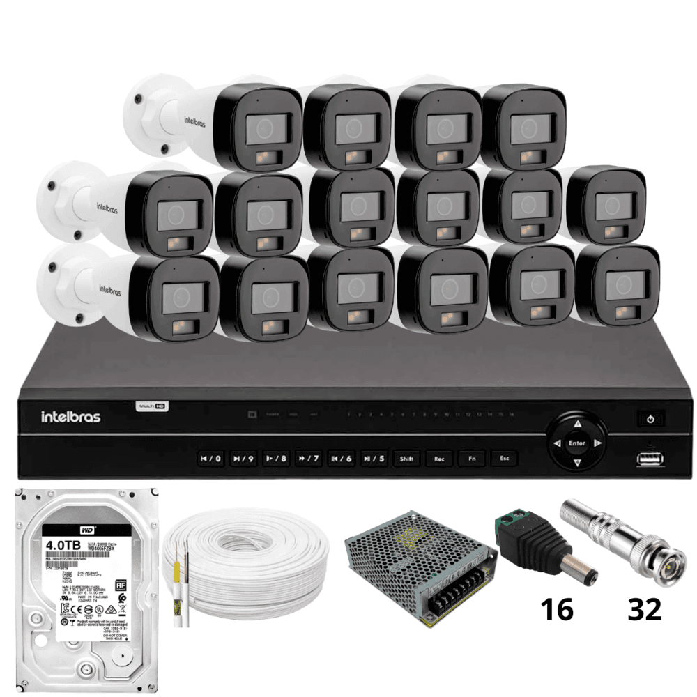 Imagem 1 de 5 do produto Kit 16 Câmeras Intelbras 3220b Full Color Com Áudio Dvr Intelbras Mhdx 1232 Hd 4TB