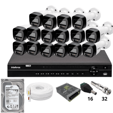 Kit 16 Câmeras Intelbras 1220b Full Color  Dvr Intelbras Mhdx 1232 Hd 3TB