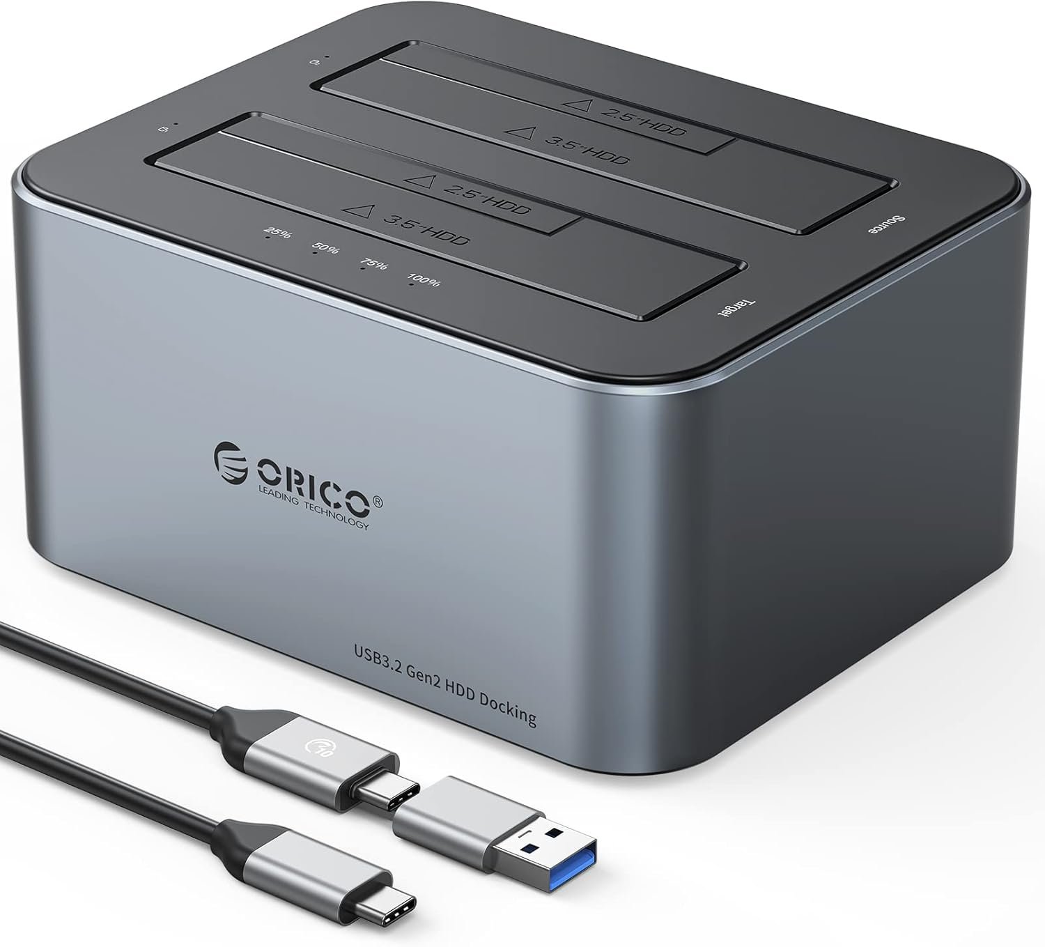 Dock Station Orico 2 Baias Hd Sata E SSD 2.5"/3.5" Usb3.2 Gen2 10gbps - Função Clone
