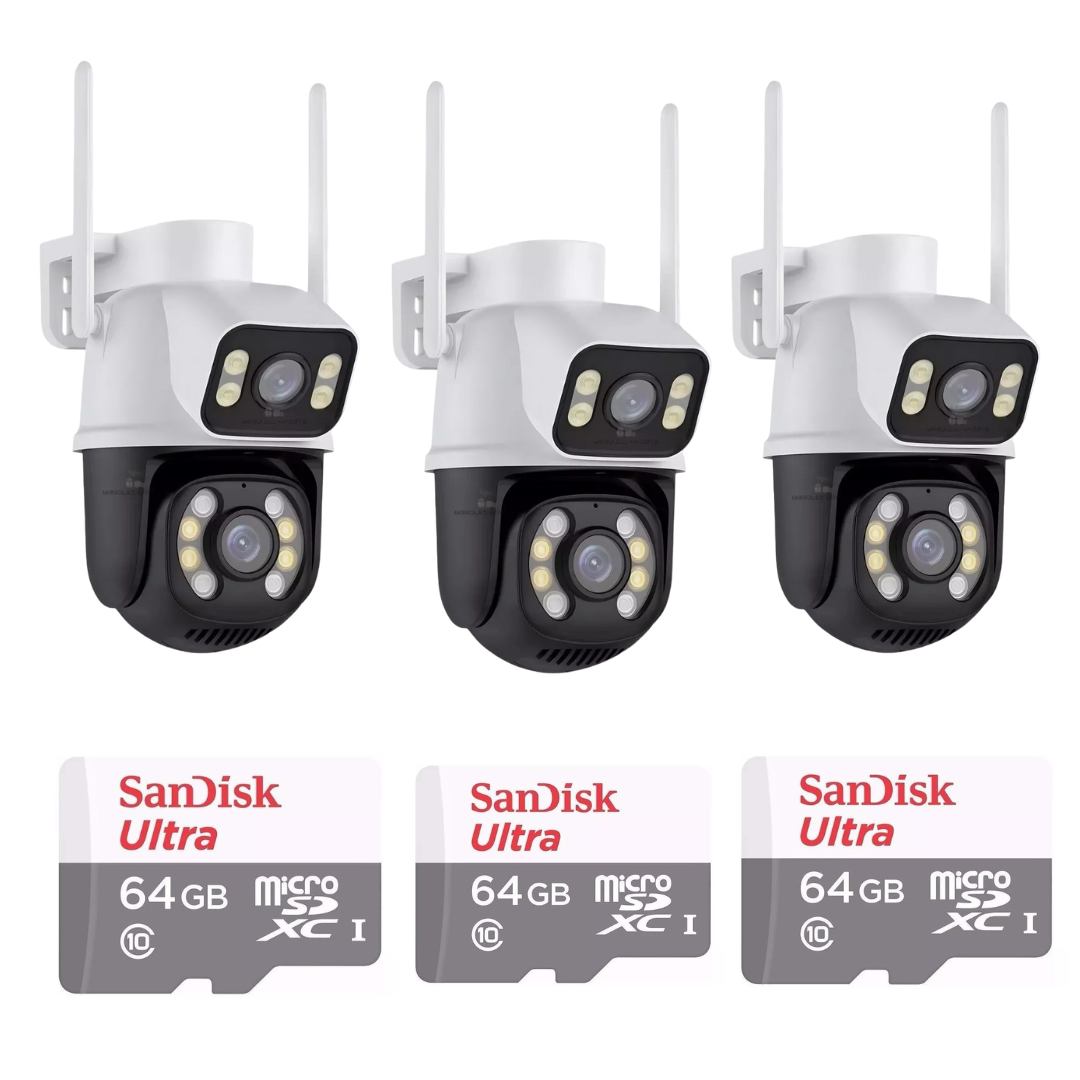Kit 3 Câmera Importada Wi-fi Smart Lente Dupla Externa Cartão De Memória 64gb