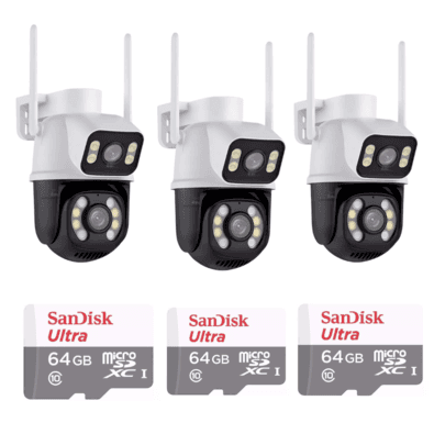 Kit 3 Câmera Importada Wi-fi Smart Lente Dupla Externa Cartão De Memória 64gb