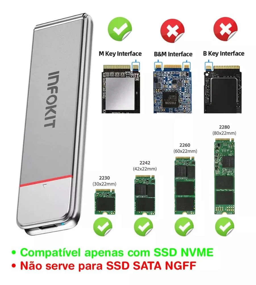 Case SSD Infokit Adaptador Sata PCi M2 Nvme Nv1 Nv2 Usb 3.1 Type-c 10gb Case SSD Infokit Adaptador Sata PCi M2 Nvme Nv1 Nv2 Usb 3.1 Type-c 10gb