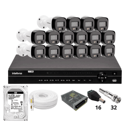 Kit 16 Câmeras Intelbras 1120b Full Color Dvr Intelbras Mhdx 1232 Hd 4TB