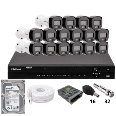 Kit 16 Câmeras Intelbras 1120b Full Color Dvr Intelbras Mhdx 1232 Hd 3TB