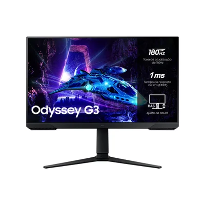 Monitor Gamer Samsung Odyssey G3 27” FuLL HD, 180Hz, 1ms, HDMI, Freesync, Tela Plana, Painel Va, Has, Dp, Preto